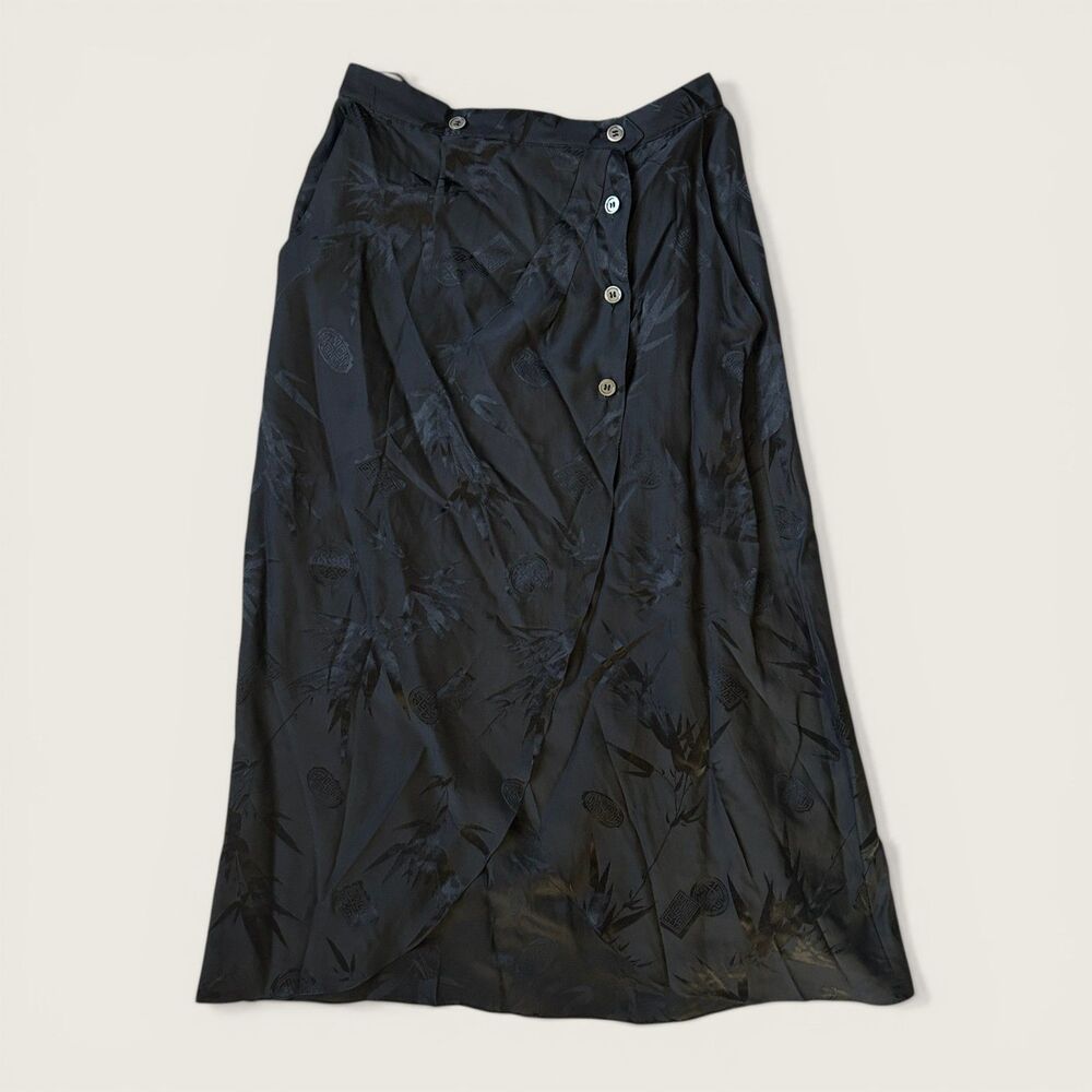 Vintage Black Silk Skirt DBA Ltd Beverly Hills Button Front Midi 26" Waist